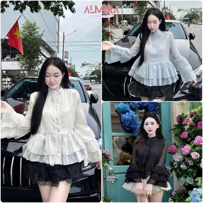 Áo Sơ Mi Babydoll Tiểu Thư Cổ Trụ Phối Bèo Tầng Tay Dài Nhiều Màu Chất Tơ Mềm