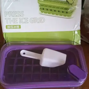 Cetakan Es Batu 64 Grid Silikon Tombol Otomatis Dengan Tutup / Wadah BPA Free Bonbox Sekop Es Hijau Ungu Cream Kitchenware