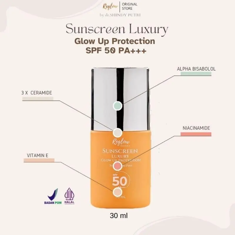 Reglow Sunscreen Luxury Glow Up SPF 50 PA+++ Wajah Glowing Tone Up Mencerahkan Wajah dan Flek saat apply Perlindungan Sinar Matahari Sunblock