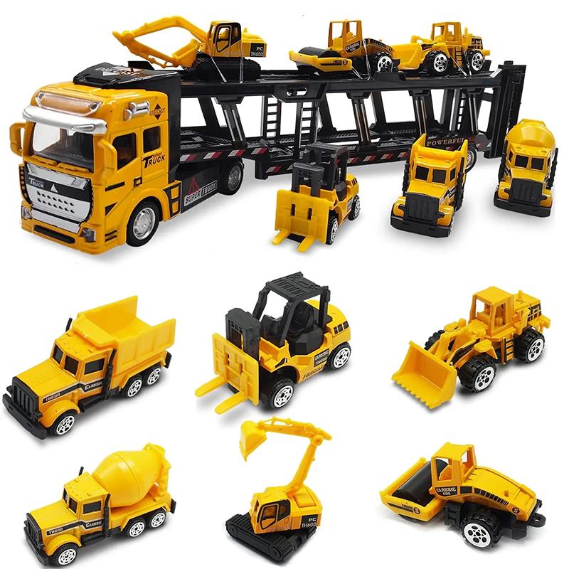 Product Introduction of 6 IN 1 Pull Back Paduan Kendaraan Truk Container Pengangkut diecast metal car trucks Mobil Mainan Mobilan Bulldozer Toys 55