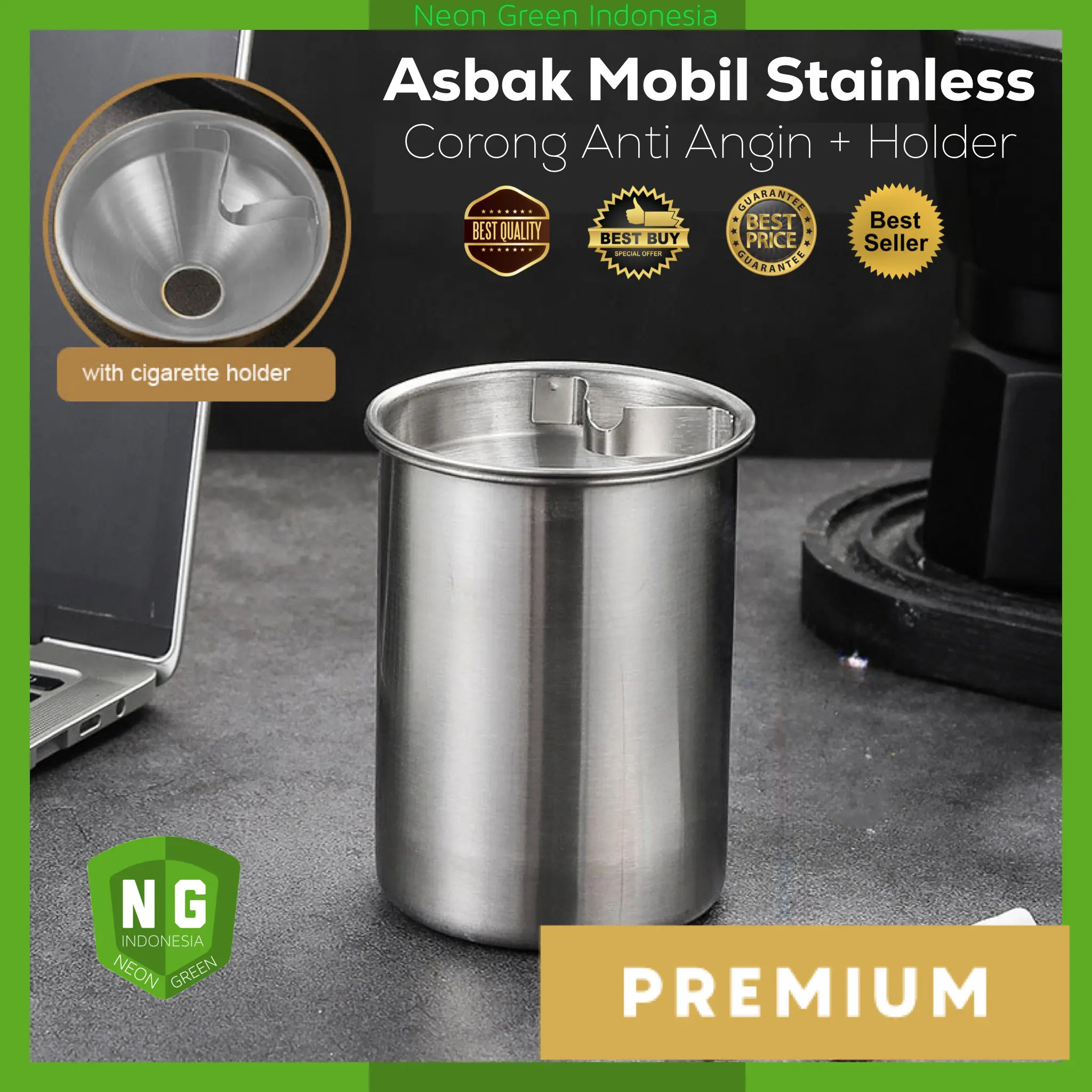 ASBAK MOBIL AESTHETIC Anti Angin Corong Portable Stainless Steel Warna Hitam Hijau Silver PREMIUM Tahan Panas Bisa buat di rumah dan Kantor