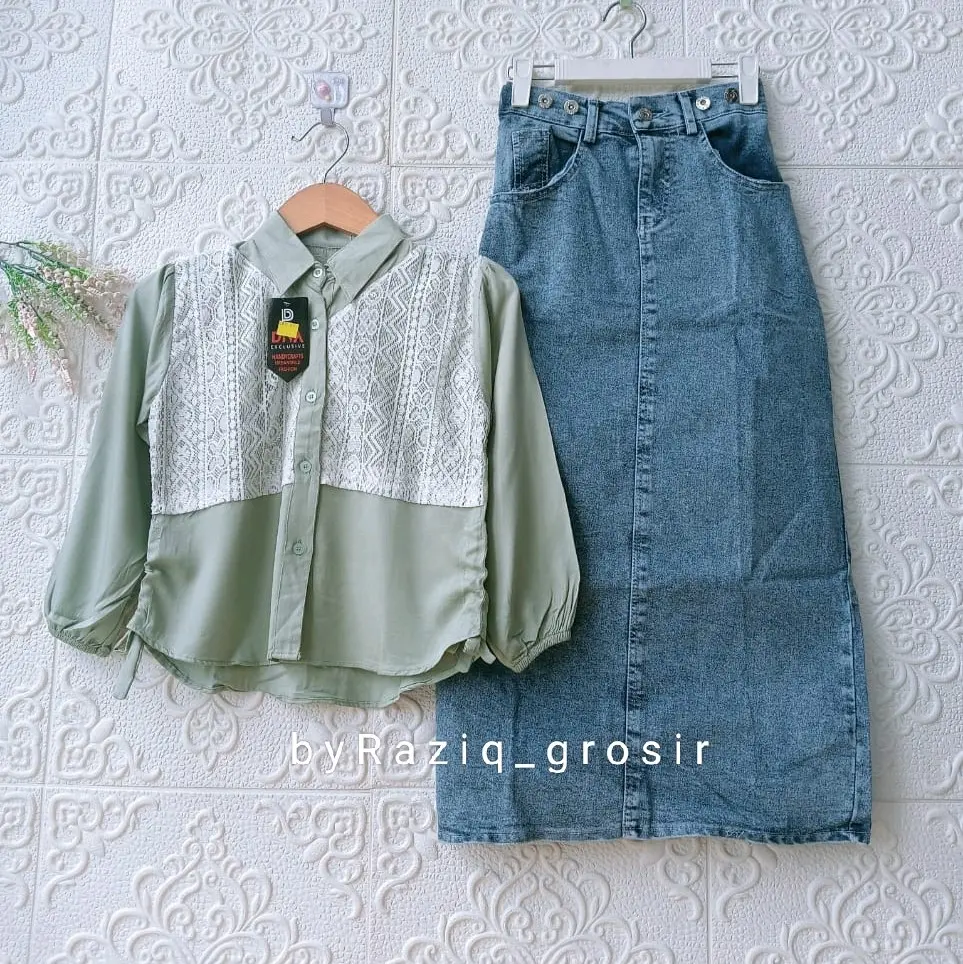 Setelan Anak Sanita  Atasan Kemeja Rayon Rok Span Jeans Terbaru Fashion
