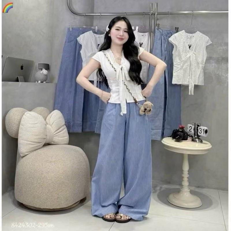 [Bèo Béo Bigsize] Set Áo Xô  Trắng Viền Ren Phối Quần Kẻ Dài Sọc Xanh Form Bigsize 60-90Kg