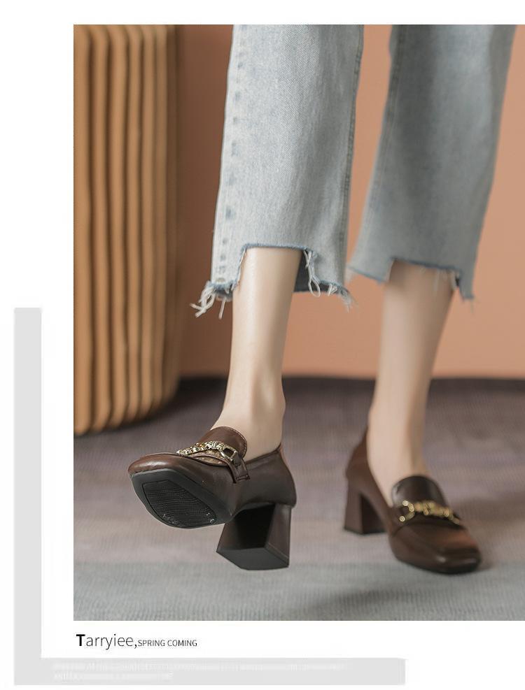 Product Introduction of Lefu shoes, white leather shoes, fashionable design, new high heels, square toe, thick heel shoes 19