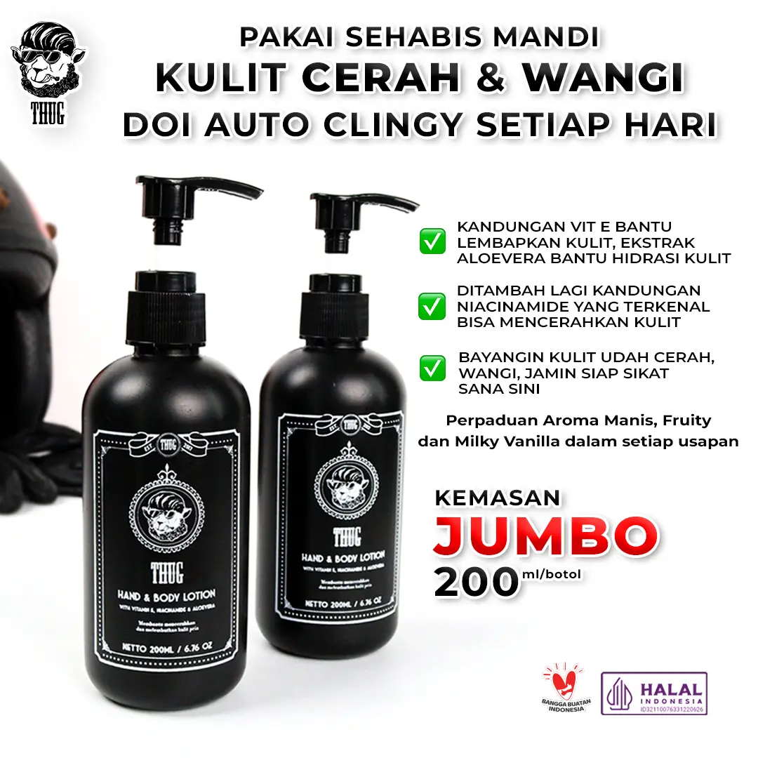 Thug Lotion Pencerah Badan with Niacinamide Vitamin E Aloe Vera Bundling 2/3 Botol 200ml Mencerahkan dan Melembutkan Kulit Lotion Laki Lotion Cowo Pencerah Badan