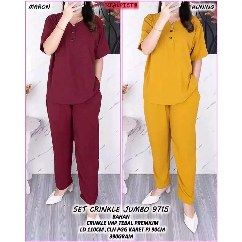 Setelan crinkle wanita celana panjang lengan pendek/ one set wanita kekinian terlaris Airflow Baju Kancing 7