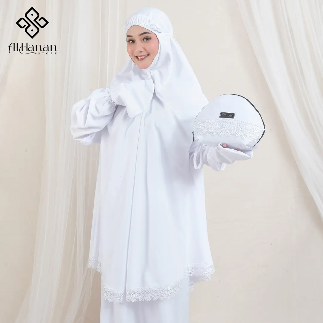 Alhanan - Mukena Ihram Berlengan Haji Dan Umroh Katun Premium Renda Mewah