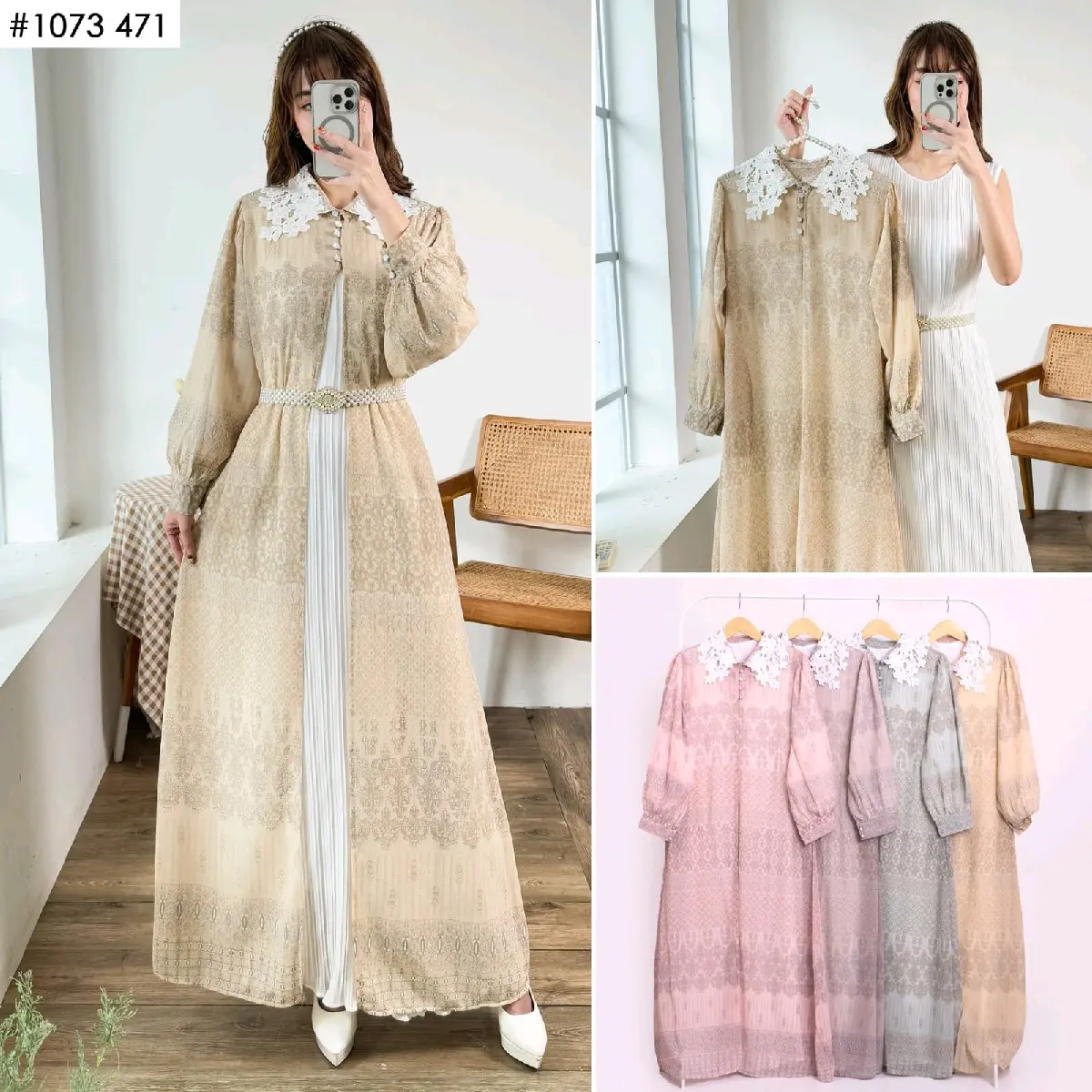 (NAURA DRESS) - Dress Set Outer Ceruty Premium Gamis Muslim 2in1 Set Outer Ceruty Printing Mewah Renda