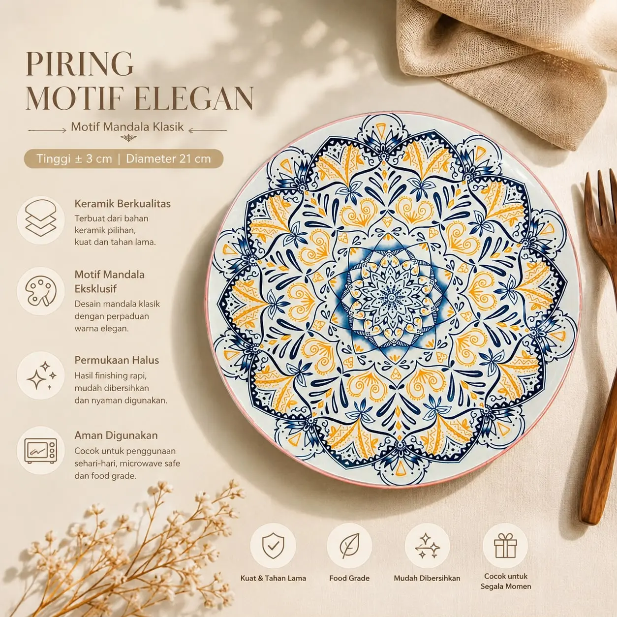 PIRING KERAMIK MOTIF KLASIK UK : 8 INCH | 20CM
