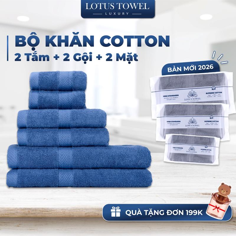 Bộ 6 khăn (2 Khăn Tắm, 2 Khăn Gội, 2 Khăn Mặt) lotustowel Làm Từ Sợi Cotton Cao Cấp Mềm Mịn, Thấm Hút, Không Ra Màu Dùng Cho Nhà Tắm, SPA, Khách Sạn