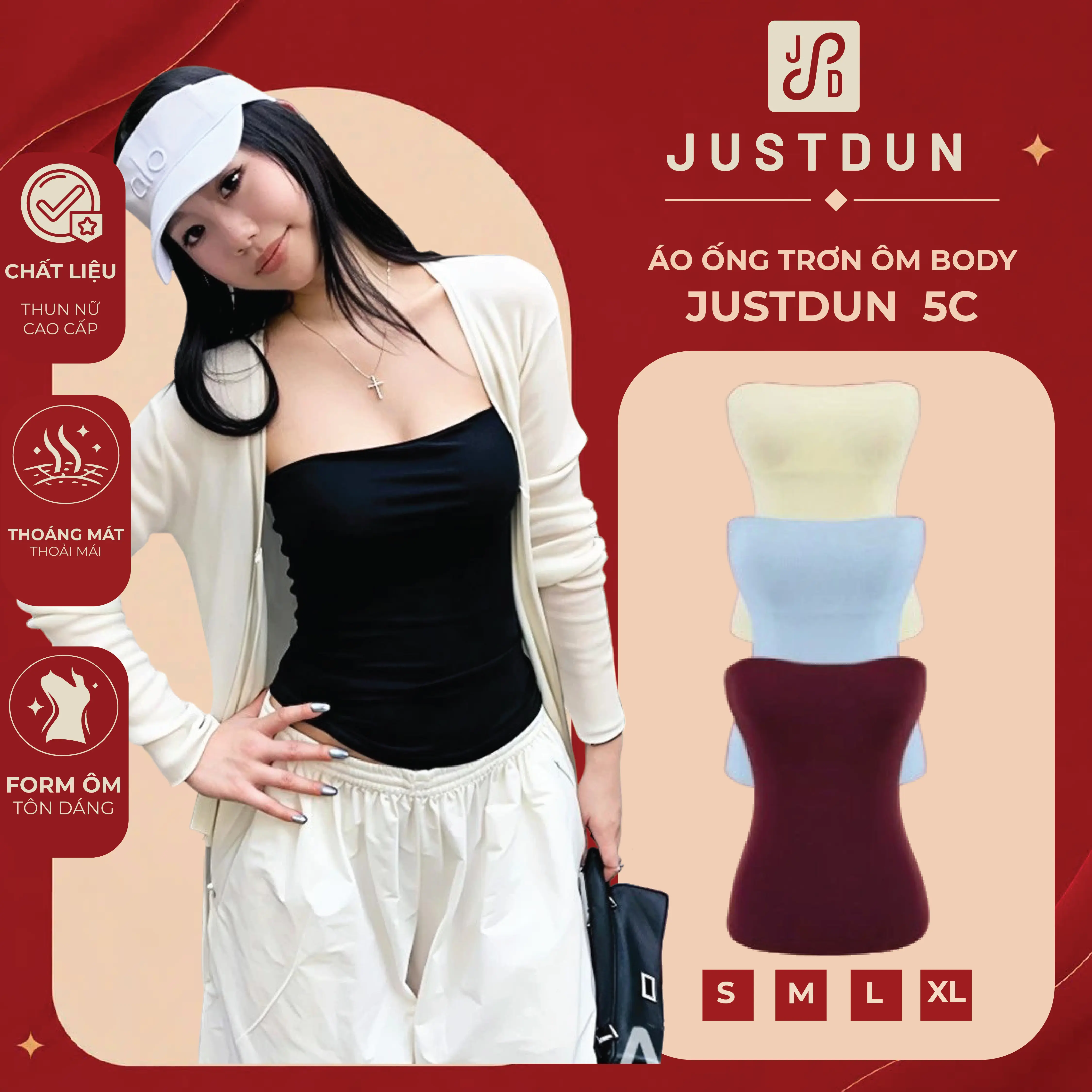 [Áo 2 Lớp Không Lộ]  Áo Ống Trơn Ôm Body JUSTDUN 5C - Basic, Vải Cotton Mịn, Co Giãn, Mềm Mại