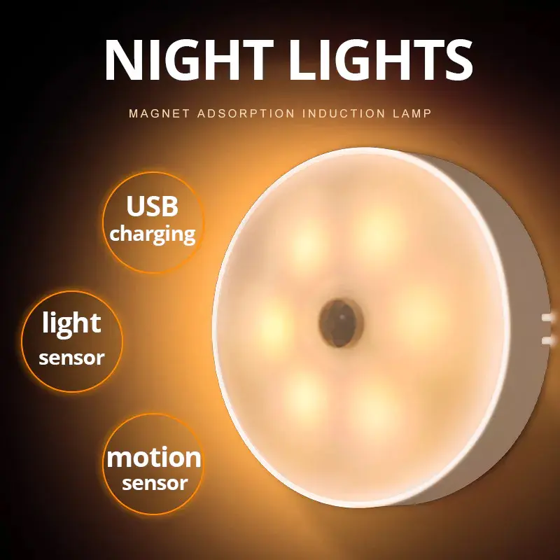 【Shocking Sale】Indoor LED Sensor Night Light Human Body Induction Sensor Wall Lamp Magnetic Adsorption LED Night Lights USB Rechargeable