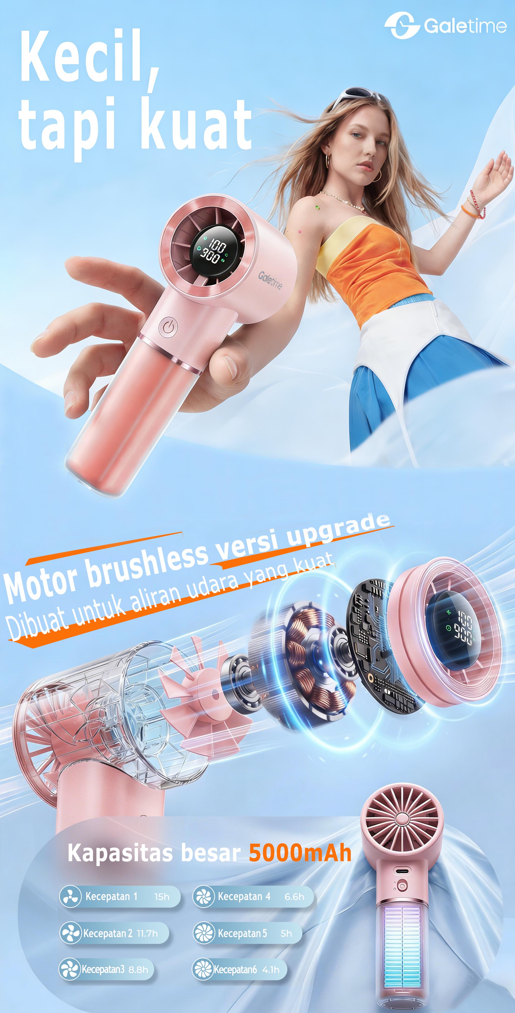 [COD]GaleTime GT05 Kipas Angin FAN 5000mAH  833min AI Fitur Hitung Waktu Sisa Akurat Hingga Menit 100 Level Kecepatan Layar LCD, Isi Ulang Type-C, Mudah Dibawa Hadiah