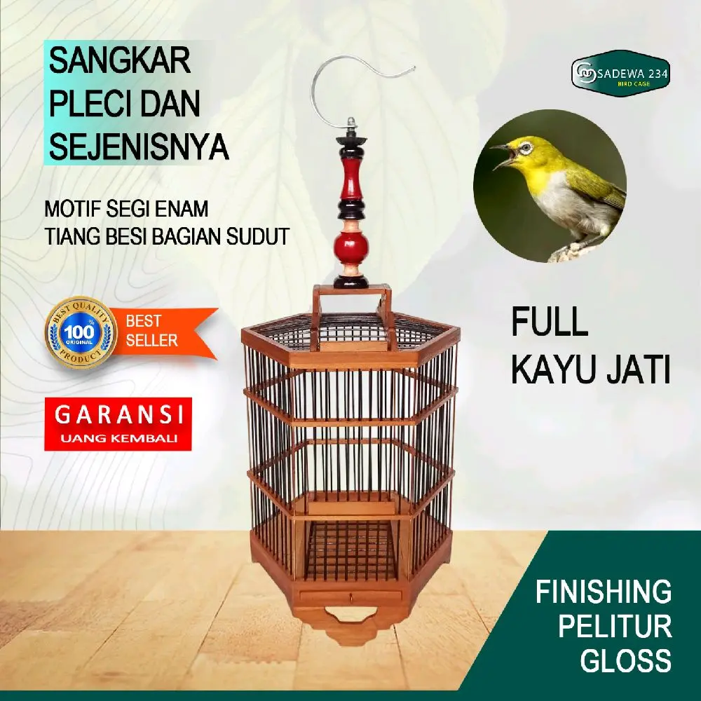 Sangkar kayu jati pleci kolibri.prenjak kandang burung model segi enam sangkar kayu jati