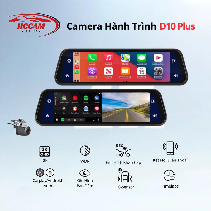 Camera Hành Trình Gương D10Plus HCCAM Có CarPlay/Android Auto, Ghi Hình 2 Kênh…