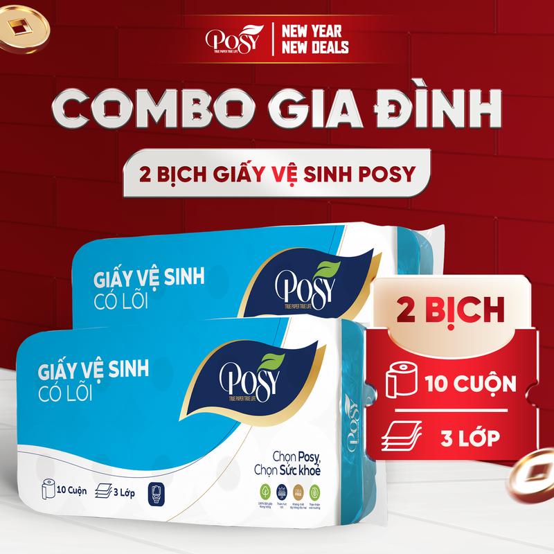  Posy - Combo 2 Bịch GVS Posy 10 Cuộn 3 Lớp Mềm Mịn Tiết Kiệm Tiện Dụng Làm Từ Bột Giấy Tự Nhiên Giấy Vệ Sinh Có Lõi & Không Lõi 