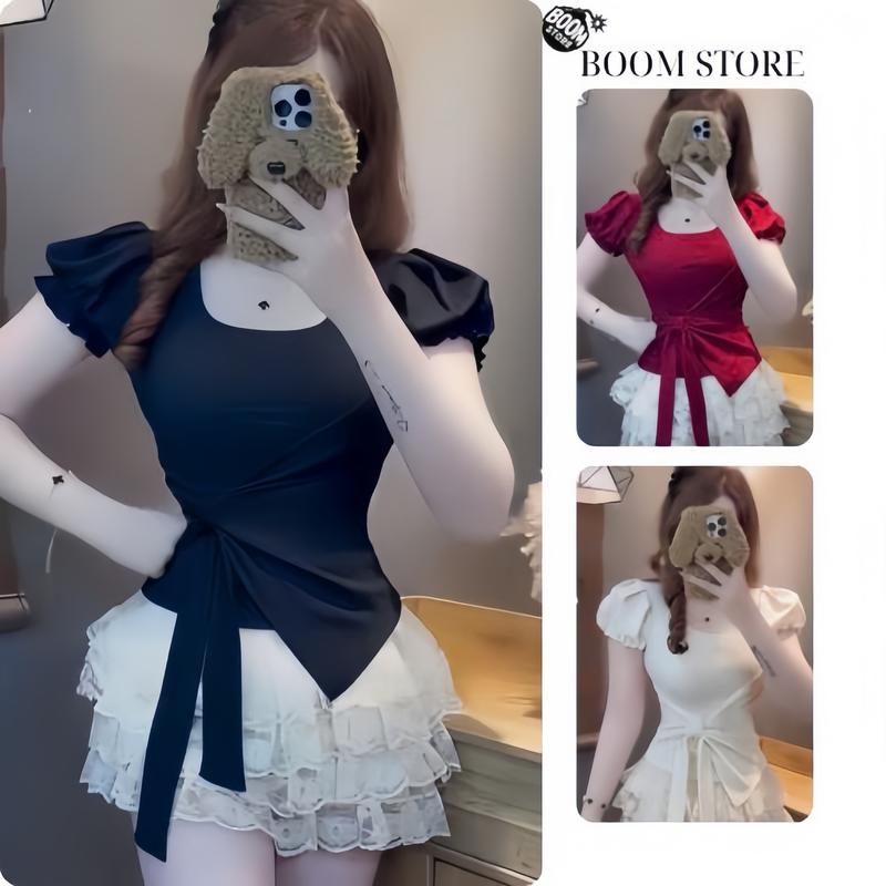 [DEAL 48K] Áo Thun Nữ Cổ Vuông Tay Bồng Phối Vạt Chéo Buộc Nơ Phối Dây Buộc Thắt Eo,  Chất Liệu Tăm Lạnh – By BOOM STORE VN áo  phông  cổ  vuông