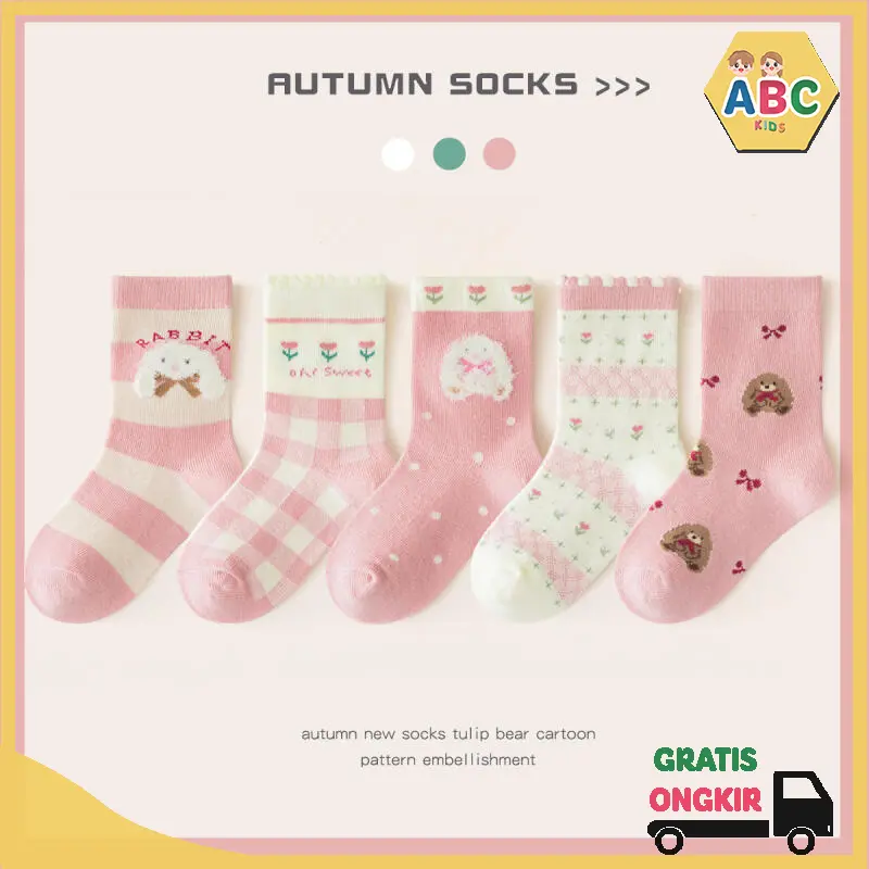 [5 Pasang] Kaos Kaki Anak Lucu Motif Bunga & Karakter – Lembut, Nyaman, Anti Gerah | ABC KIDS