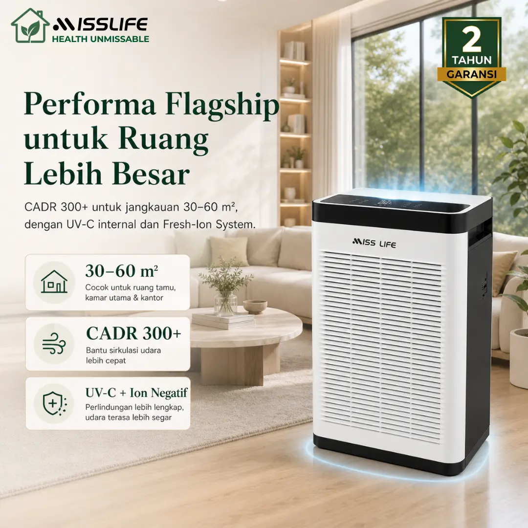 MISS LIFE Air Purifier K15 Pembersih Udara Ruangan Besar H13 HEPA Filter UV-C Ion Negatif Hemat Listrik Penyaring Debu Bau Tidak Sedap Alergen Partikel Halus Bulu Hewan Peliharaan untuk Kamar Tidur Ruang Tamu Rumah Kantor Apartemen