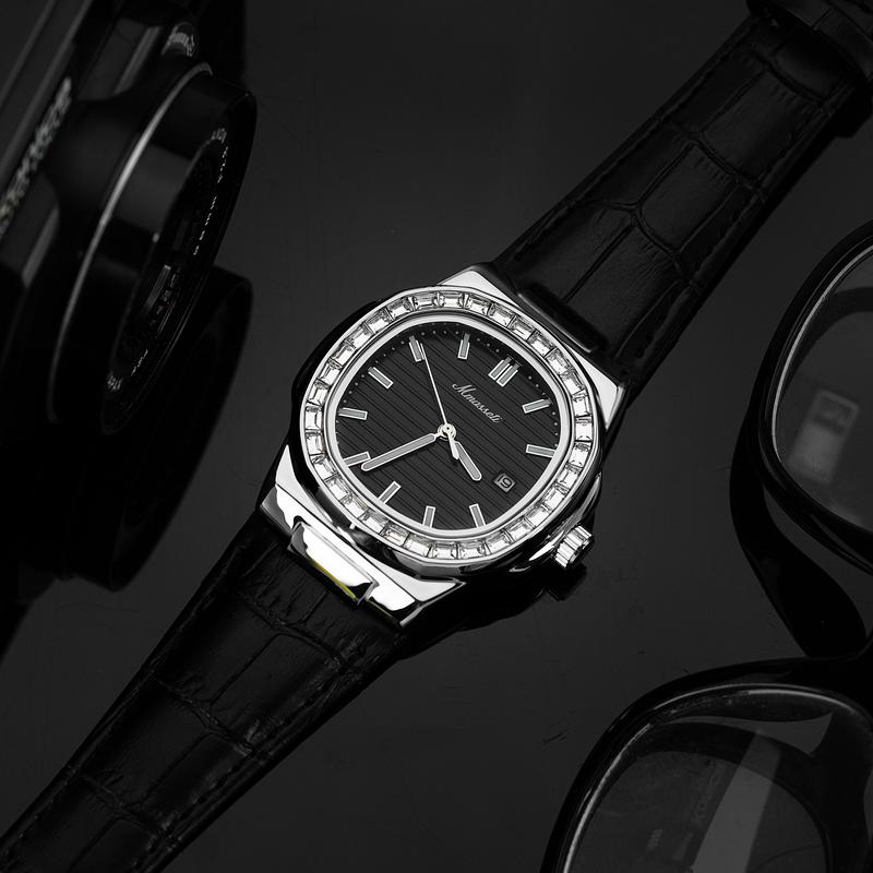   Deal xả kho độc quyền Đình Trưởng  N309 - Đồng Hồ Nam Mmassati Cơ Automatic Dây Da Mặt Đen Viền Đá Sang Trọng 