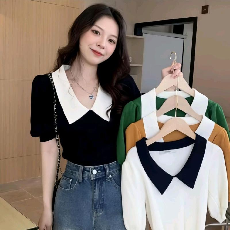 Baju Fashion Wanita Rajut Style Polos Kerah V Atasan Knit Lengan Pendek Korean 4