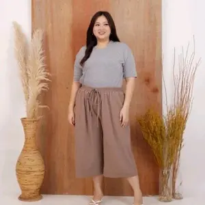Celana Pendek Wanita Model Kulot 7/8 Santai Pant Karet Panjang Melar dengan Kantong Saku & Tali Serut Bahan Lemonskin Jersey Super Jumbo