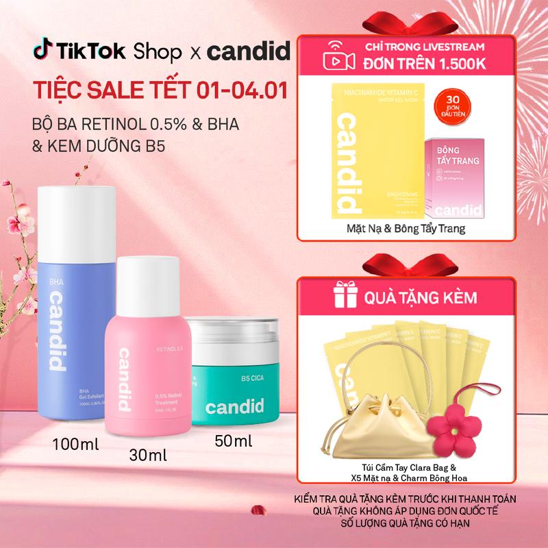 Bộ Ba Hỗ Trợ Cải Thiện Và Phục Hồi Da Candid Retinol 0.5% 30ml & Kem Dưỡng B5 Cica 50ml & BHA 100ml