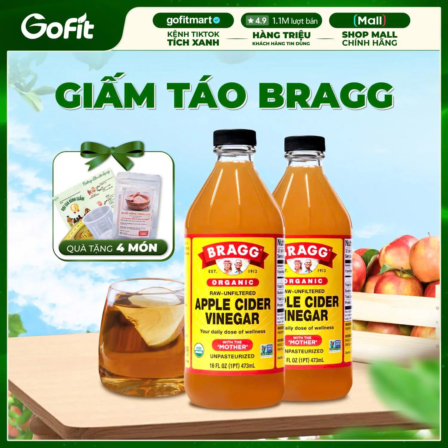 [CHÍNH HÃNG-4 QUÀ] Giấm Táo Hữu Cơ Bragg/Milano Có Giấm Cái 473ml, 946ml, Dấm Táo