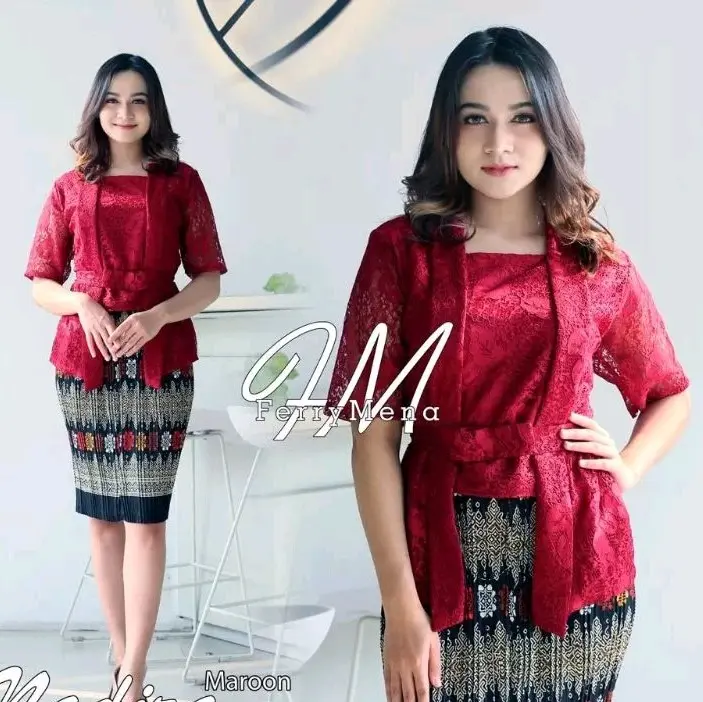 Atasan Kebaya Kutubaru Brokat Modern Nadira Lengan Pendek Mix Rok plisket