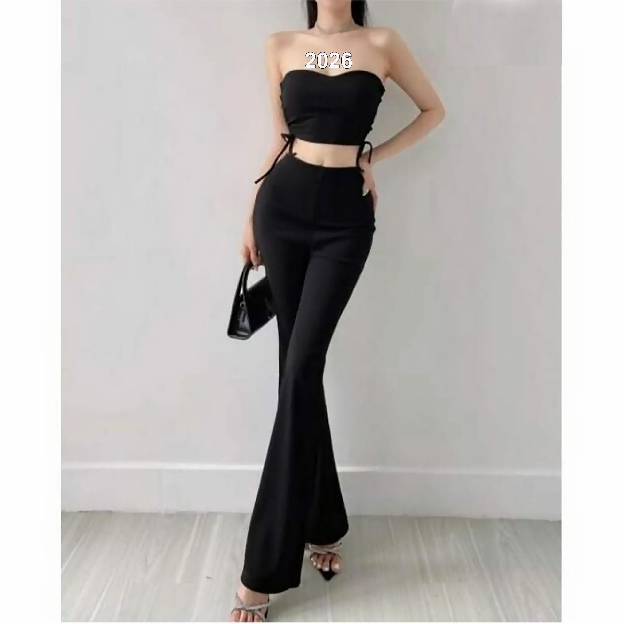 2026 Setelan Celana Panjang Wanita Dewasa Dengan Atasan Model Kemben Sexy Serut Warna Hitam Merah Coklat / Baju Pakaian Imlek Natal Tahun Baru Serta Pesta dan Party