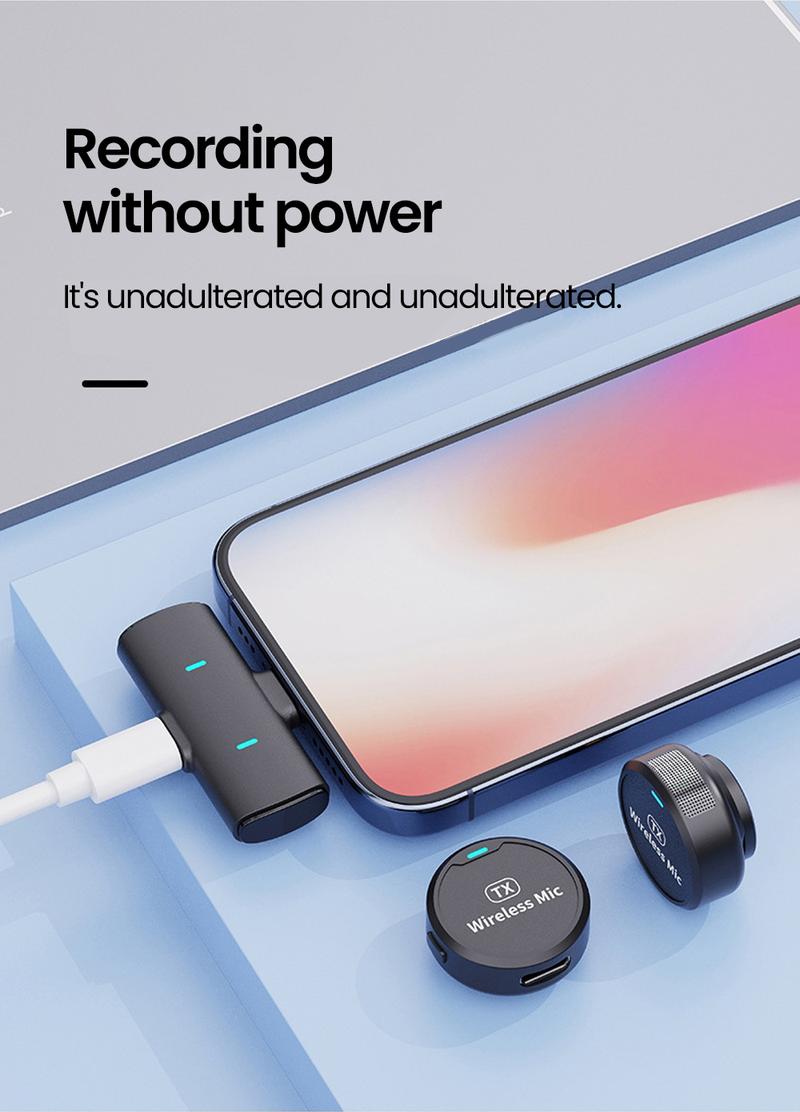 Product Introduction of ไมโครโฟนปกไร้สาย, 2 In 1, เข้ากันได้กับ iPhone และ iPad, โทรศัพท์สมาร์ทไลท์ติ้ง Type-c และ Lightning, เหมาะสำหรับการบันทึก Youtube สด, สัมภาษณ์, Vlog, บลูทูธ, บันทึกเสียงแบบพกพา, ไมโครโฟนขนาดเล็ก 48