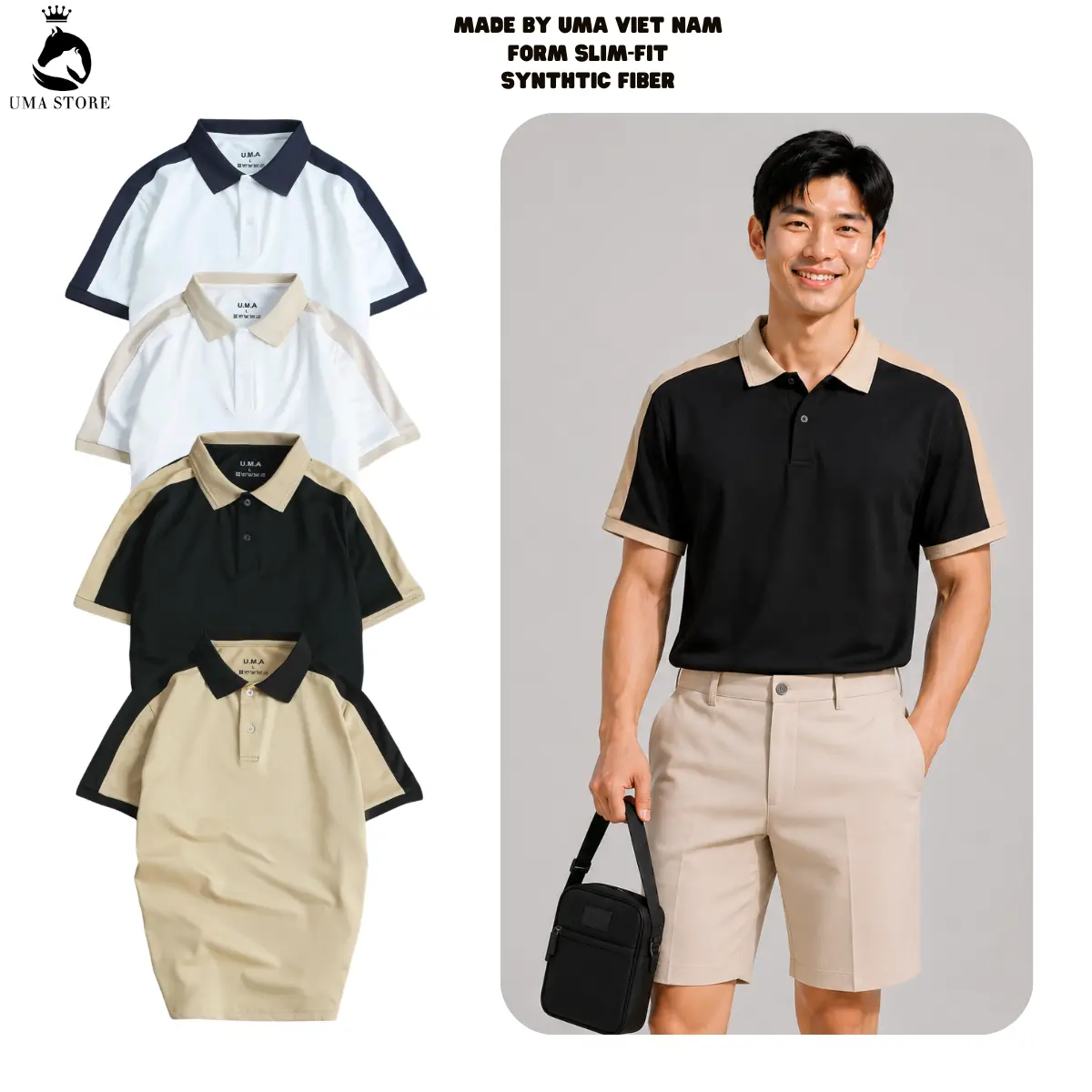 Áo thun  polo nam UMA phối cầu vai cao cấp chất liệu mắt chim thoáng mát, trẻ trung, thanh lịch -Có Cổ Ngắn Tay Menswear có thể giặt máy đen phối sọc trắng nâu Cộc Tay Tay Ngắn