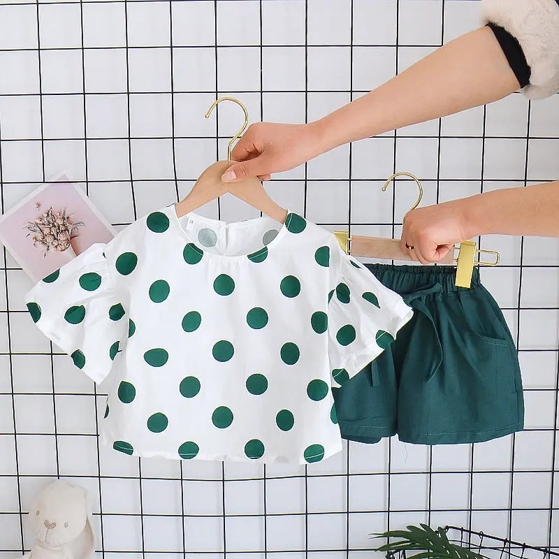 Round Color Spot Women's Short Sleeve Pants Set fashion kid clothes girl sets lovely infant Clothing sets