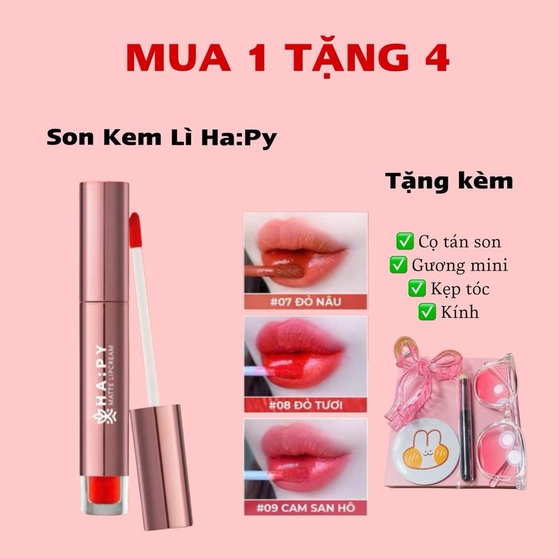 [ Mua 1 Son Tặng Kèm 4 Món ] Son Kem Lì Hapy Matte LipCream Trang Điểm Môi 3,5g .Son Kem Lì Kháng Nước, Ăn Có Trôi Tặng kèm 1 cọ +1 gương+kính+kẹp .