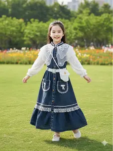 Gamis Jeans krah Organza Mix Brukat Renda Anak Perempuan Usia 3 - 12 Tahun / Baju Gamis variasi Tas & Belt Cantik - Pakaian Muslimah Denim Kantong Depan