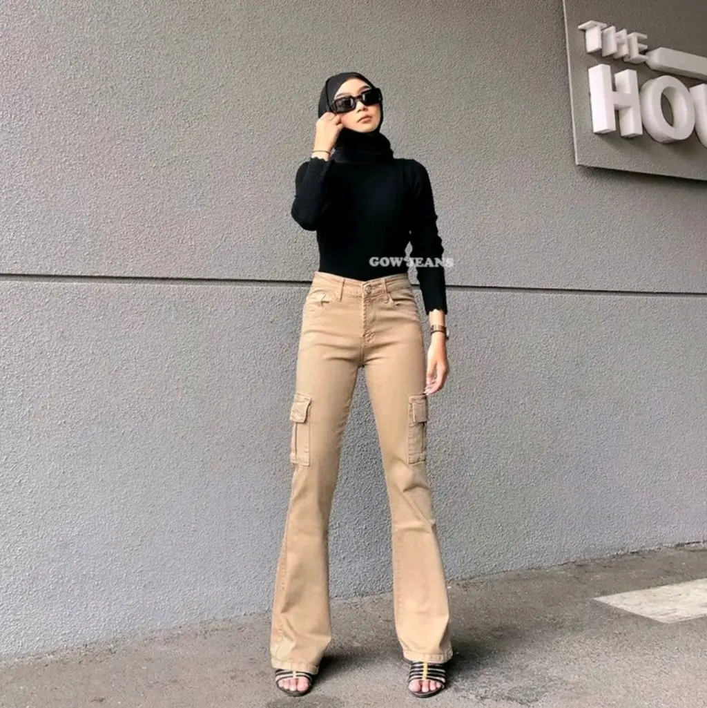 Celana Jeans Cutbray Cargo Wanita Highwaist Strecth Kekinian style Panjang Cewek Denim