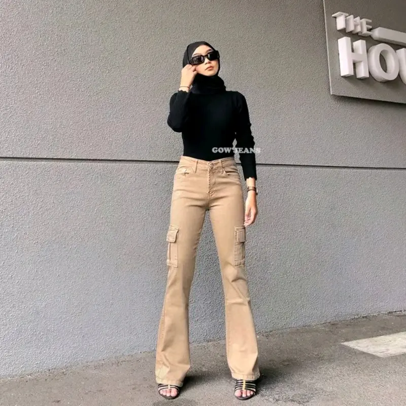 Celana Jeans Cutbray Cargo Wanita Highwaist Strecth Kekinian style Panjang Cewek Denim 0