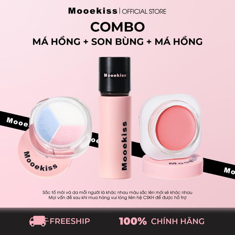 Combo 3 món Son Bùn Môi+ Phấn phủ bột ba màu+ Má hồng kem Mooekiss Hoàn Thiện Lì Và Không Làm Khô Hiệu Ứng Làm Sáng Da Thân Thiện Với Làn Da Cấp Nước Lâu Trôi