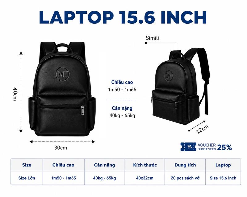 MT Shop Balo Da PU Cao Cấp Basic Unisex Đựng Laptop 15.6 Inch Chống Nước Nhẹ Đen Dễ Phối Đồ Phù Hợp Nam Nữ Mọi Lứa Tuổi Ngăn Laptop Chuyên Dụng Thiết Kế Thông Minh Dây Kéo YKK Bền Bỉ