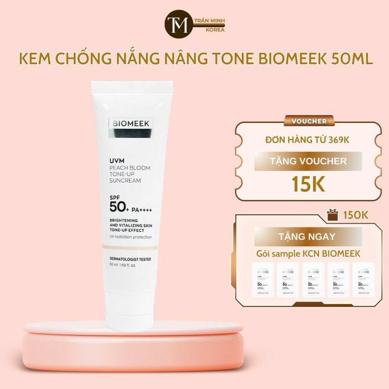  Biomeek Kem Chống Nắng Vạch Hồng Kiềm Đầu SPF 50+ PA++++ 50ml - Finish Tông Trắng Hồng UVM Peach Bloom Tone-Up Suncream 