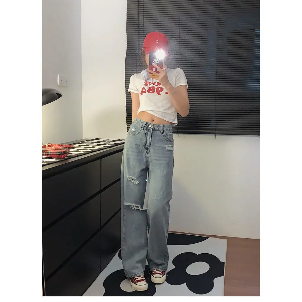PAKAIAN WANITA RIPPED JEANS PANJANG KULOT HIGH WAIST [ W.P 171-J048 ]