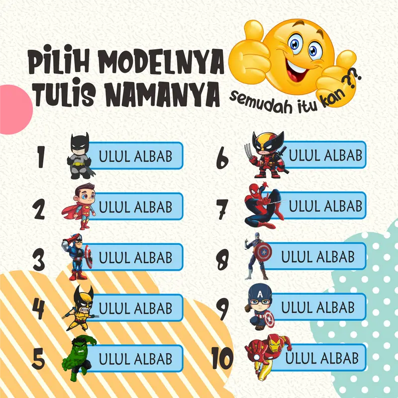 Label Baju Anak Karakter Super Hero Custom Nama Sablon Setrika Praktis Isi 50 Pcs 1