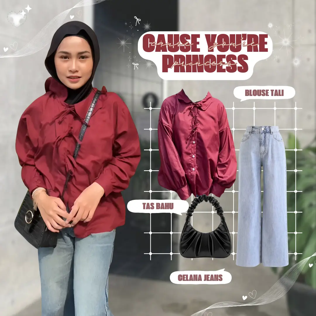 One Set Wanita Outfit Dresswell (Atasan Maroon Blouse Coquette, Celana Jeans High Waist, Tas Bahu Elegan Lucu) LQ089 Setelan Baju Casual Pita Panjang one  set