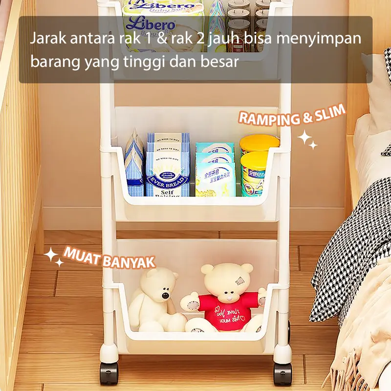HUGO Rak Dapur Dorong Rak Buku Plastik Serbaguna Rak Troli Toilet Kamar Mandi Susun dengan Roda Penyimpanan 5