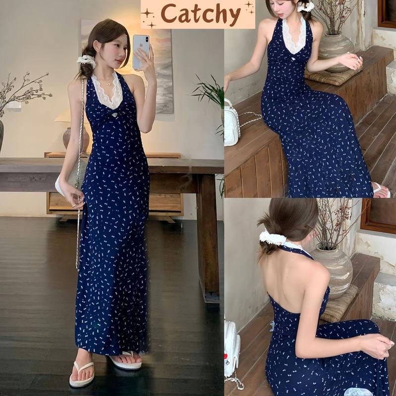 Đầm Cổ Yếm Ren Hoa Nhí Dáng Dài Ôm Body Hở Lưng Nhẹ Nhàng Nữ Tính CATCHYstore