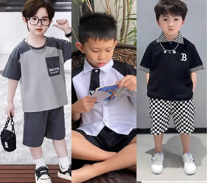 Set áo sơ mi kèm cà vạt bé trai áo sơ mi tay đen phối quần có dây đeo thời thượng, phong cách----MÃ CÀ VẠT 4