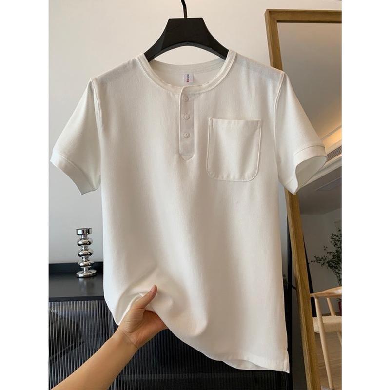 Áo phông nam cổ tàu 3 cúc túi ᵰgực Menswear Cotton mới nḣất Pique Cộc Tay 1