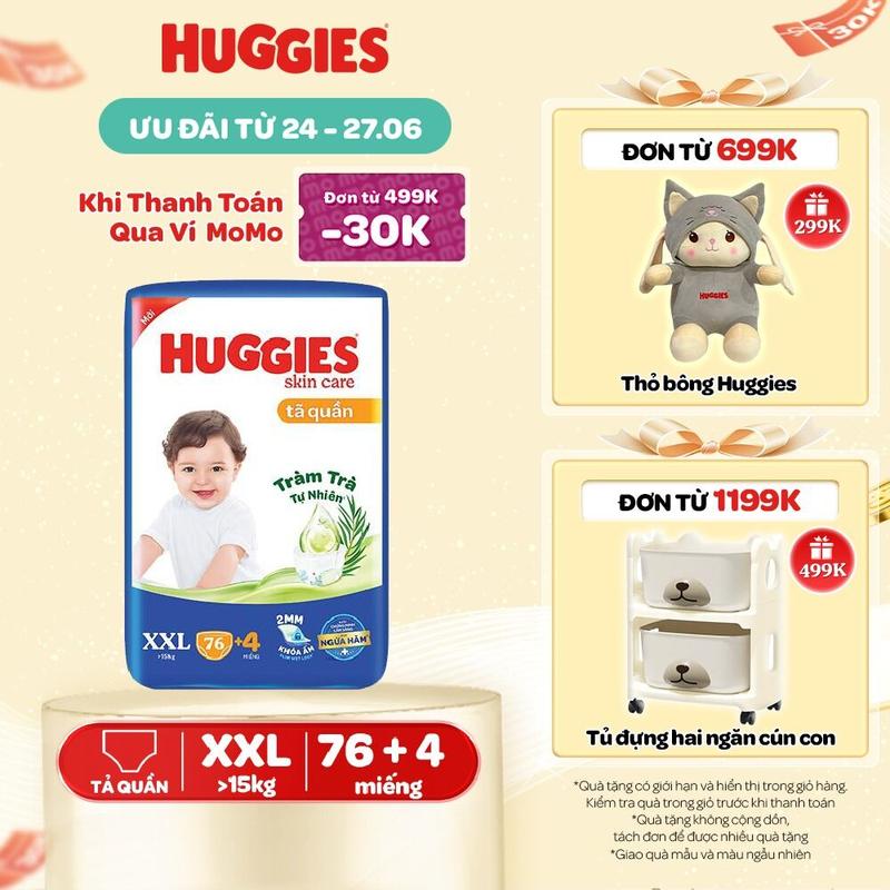 Tã/ bỉm quần Huggies Skincare Mega Jumbo với tràm trà dịu da Size M106/L96+8/XL84+4/XXL76+4