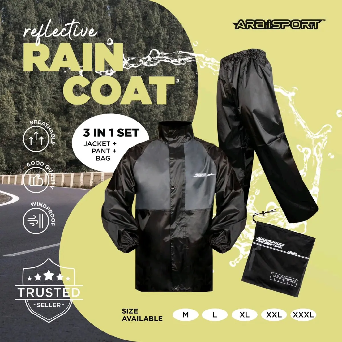 [ READY STOCK ] AraiSport 3 IN 1 Single Layer Motor Raincoat / Baju Hujan / Rainsuit / Motorcycle Rain Coat / Rain Jacket / Rainy Day Outfit