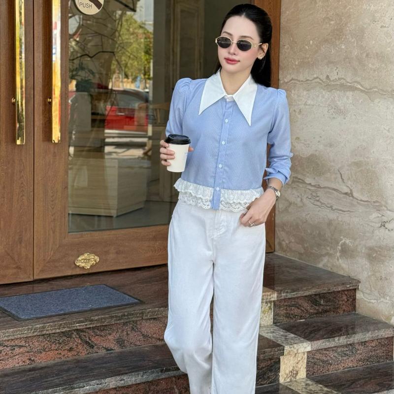  Áo sơ mi nữ dài tay phối ren hoa xinh xắn phong cách Hàn Quốc BRIYO SM64 women's clothing sets,women's tshirts 